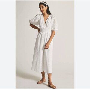 Anthropologie Hutch Smocked-Waist Eyelet Jumpsuit XL v neck short sleeve